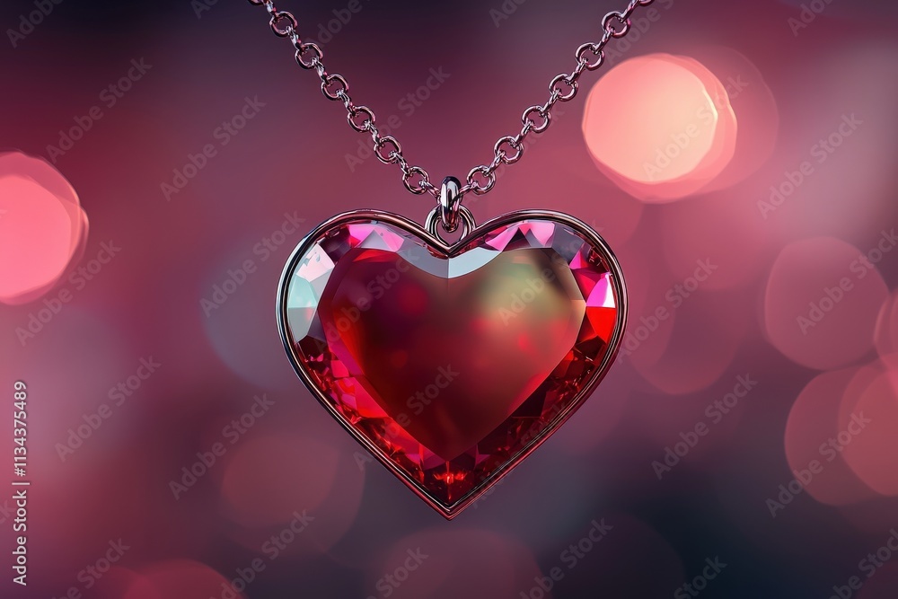 A heart-shaped pendant made of sparkling red gemstone hangs from a silver chain. The background features a soft bokeh effect in shades of pink and purple, creating a romantic ambiance.