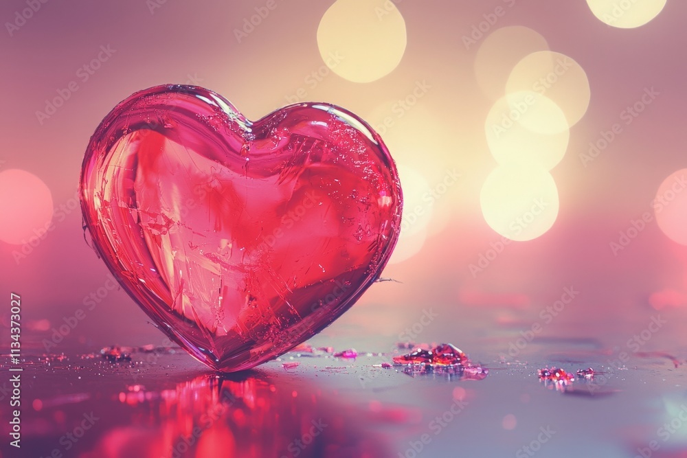 A heart shaped crystal glimmers on a reflective surface, capturing light amidst a softly blurred colorful bokeh backdrop. The setting evokes feelings of love and warmth.