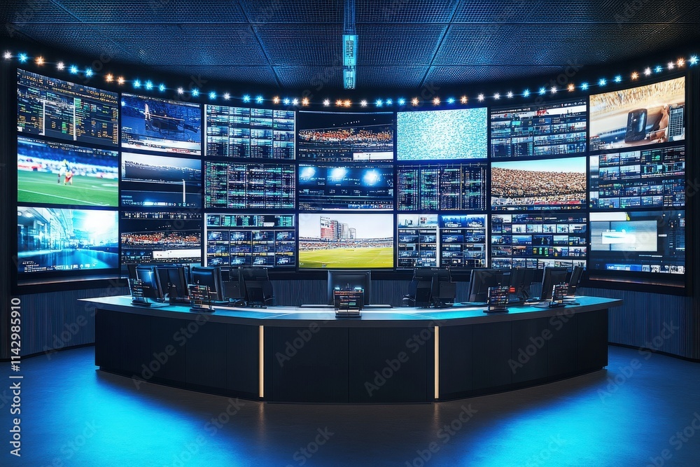 A high-tech control room features numerous screens showing various data, statistics, and live feeds. Operators monitor activities, ensuring everything runs smoothly and efficiently.