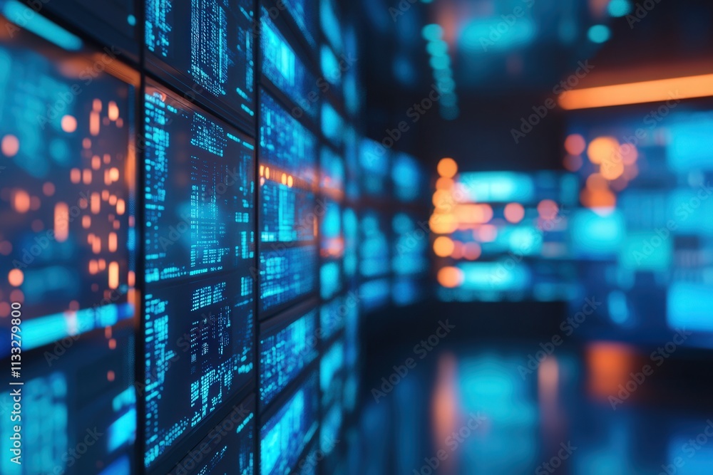 A high-tech data center environment features bright blue and orange lights on large screens displaying complex data. The atmosphere conveys a sense of innovation and advanced technology.