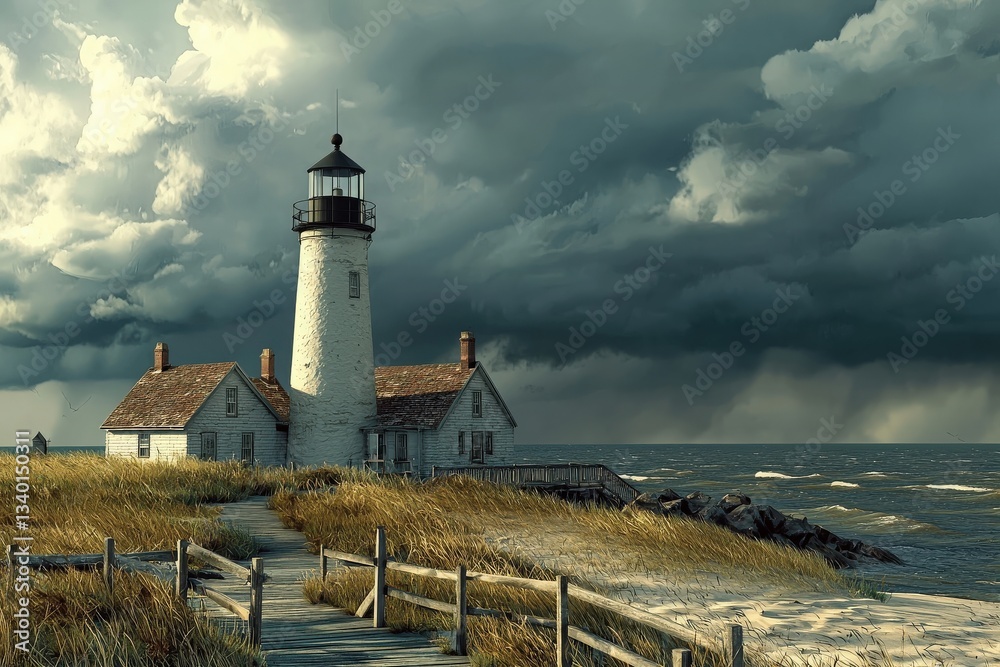 A historic lighthouse stands beside choppy waters, surrounded by tall grass and a wooden path. Dark clouds loom overhead suggest a brewing storm. The atmosphere feels both serene and ominous.