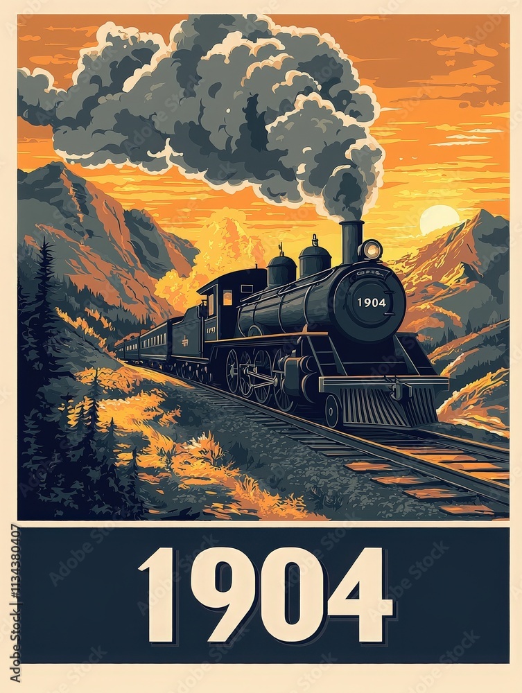A historic steam locomotive, marked 1904, travels along a winding track through majestic mountains during sunset. Billowing smoke contrasts with a vibrant orange sky.