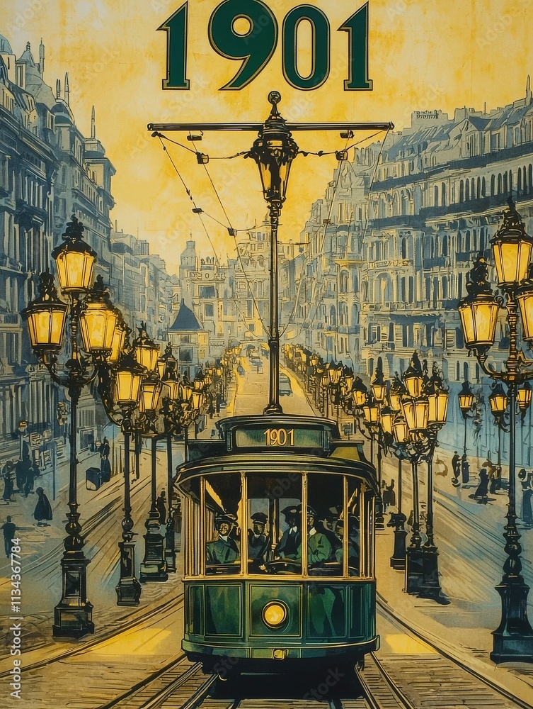 A historic streetcar journeys along a vibrant boulevard illuminated by vintage street lamps. The architecture reflects a bygone era, showcasing a lively urban atmosphere in 1901.