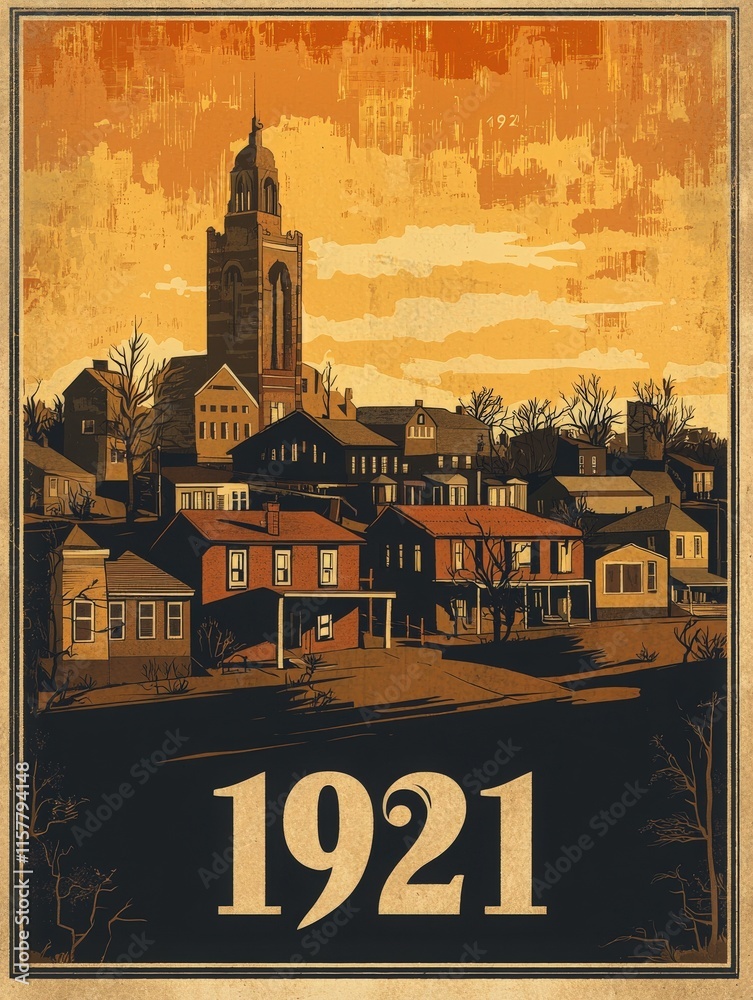 A historic town with a prominent church tower stands against a vibrant sunset. Buildings display early 20th-century architecture, creating a nostalgic atmosphere reminiscent of the year 1921.