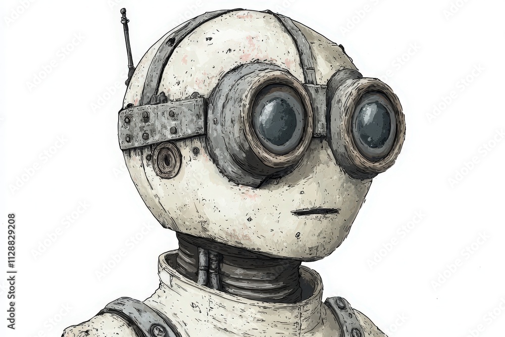 A humanoid robot with a rounded head and oversized goggles stands upright. Its weathered metallic surface and mechanical details suggest an advanced yet vintage aesthetic.