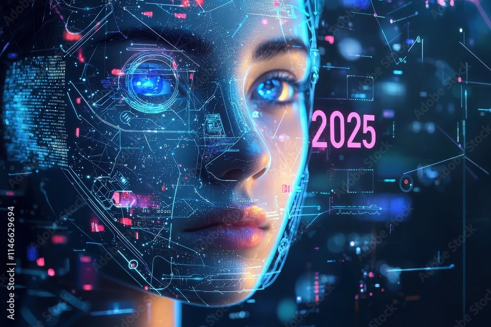 A humanoid robot with a sleek design features luminous eyes and intricate digital overlays, symbolizing innovation and technology in the year 2025. The background is filled with data and graphics.