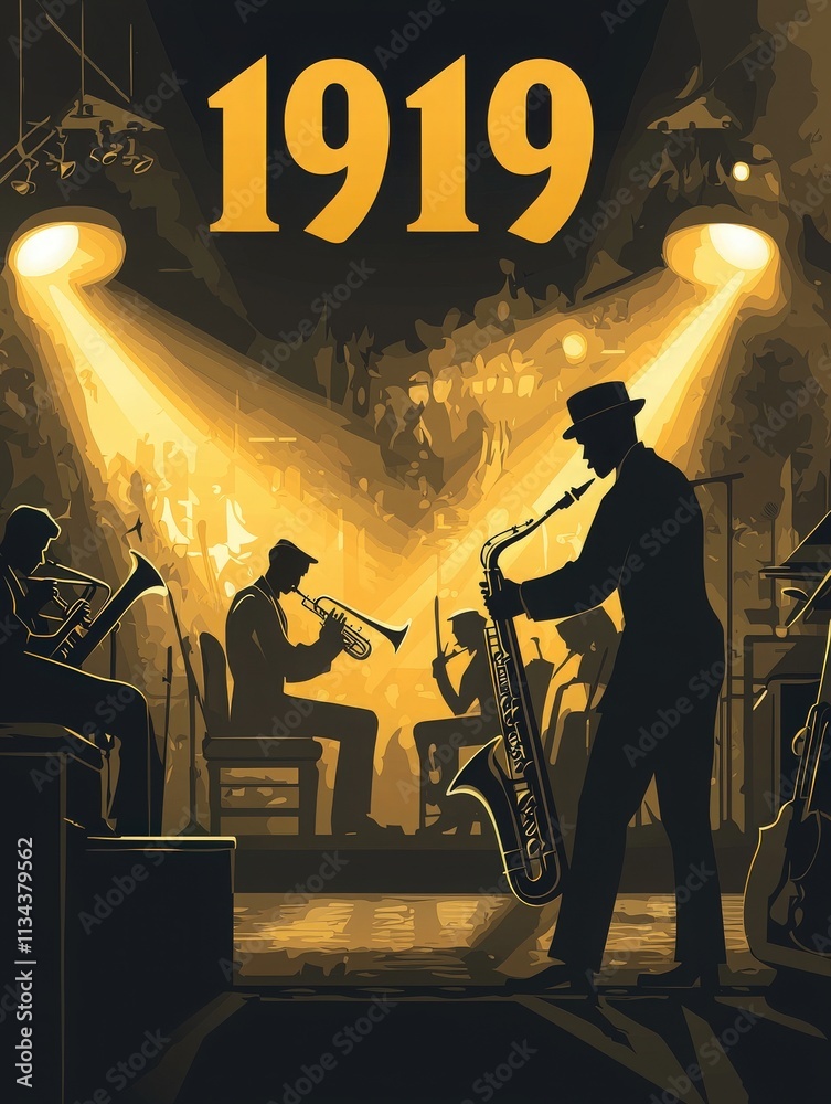 A jazz band entertains an enthusiastic crowd in a vintage club. Musicians are spotlighted, playing brass instruments under warm, glowing lights, creating an energetic atmosphere.