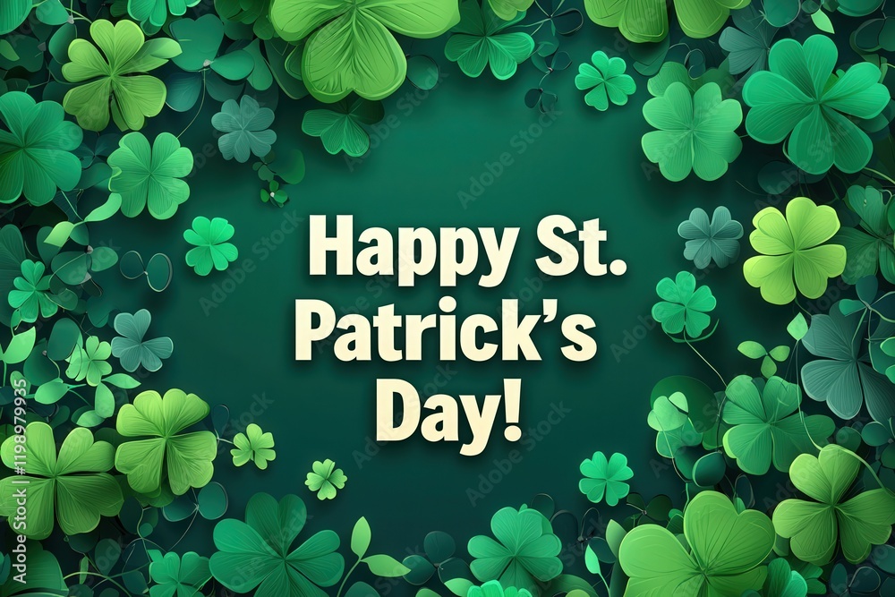 A joyful arrangement of various green shamrocks sets the tone for St. Patricks Day festivities. The text exclaims a cheerful greeting surrounded by lush greenery, celebrating the occasion.