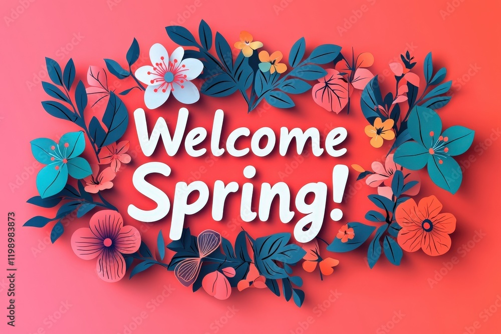 A joyful display of paper cut flowers and leaves showcases a welcome message for spring. The bright colors create an uplifting atmosphere, celebrating the season of renewal and growth.