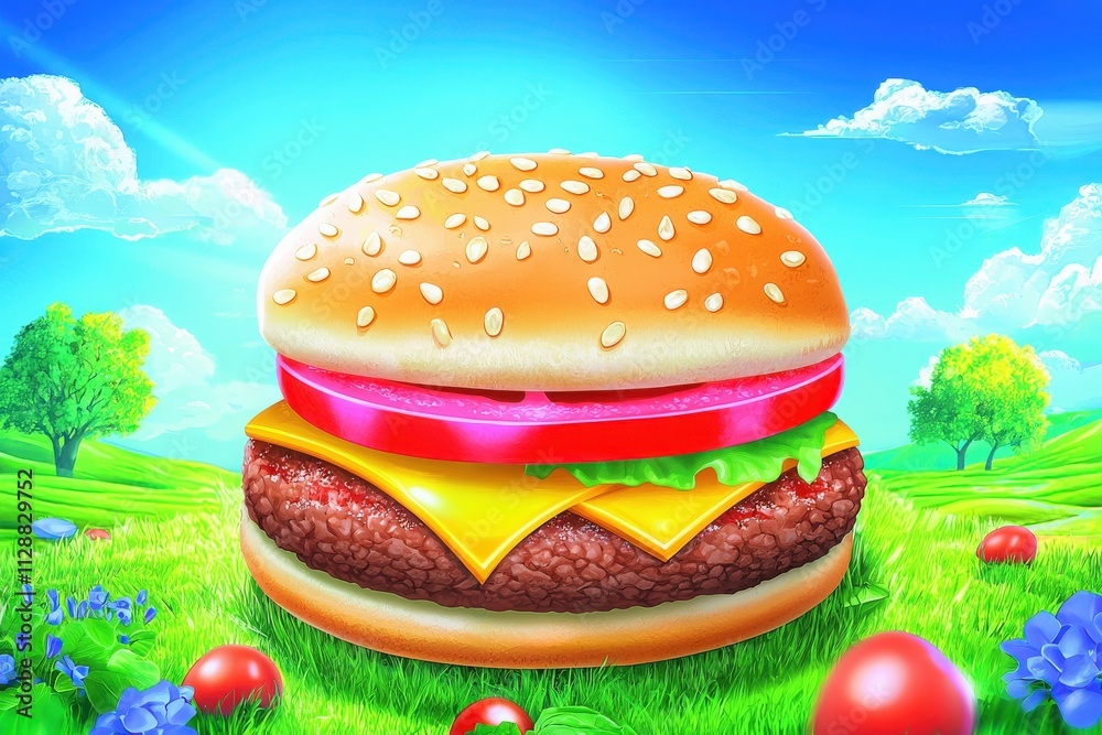 A juicy cheeseburger featuring melted cheese, lettuce, tomato, and onion sits in a lush green meadow. Bright blue skies with fluffy clouds create an inviting and cheerful atmosphere.