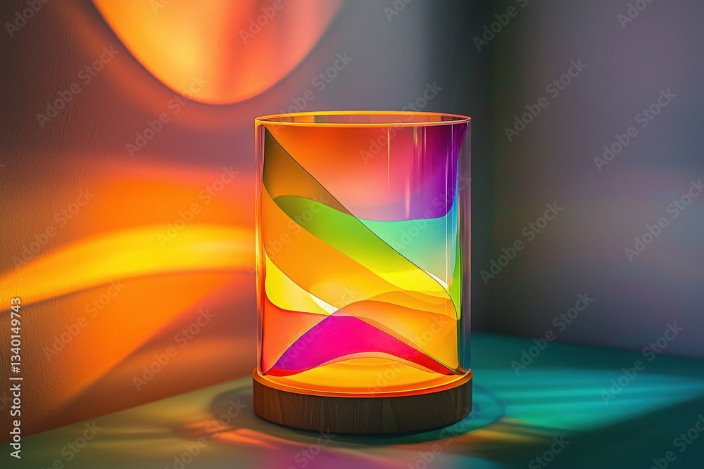 A lamp with colorful glass creates captivating patterns of light on the walls in a softly lit space. The harmonious hues blend, enhancing the rooms atmosphere with warmth.
