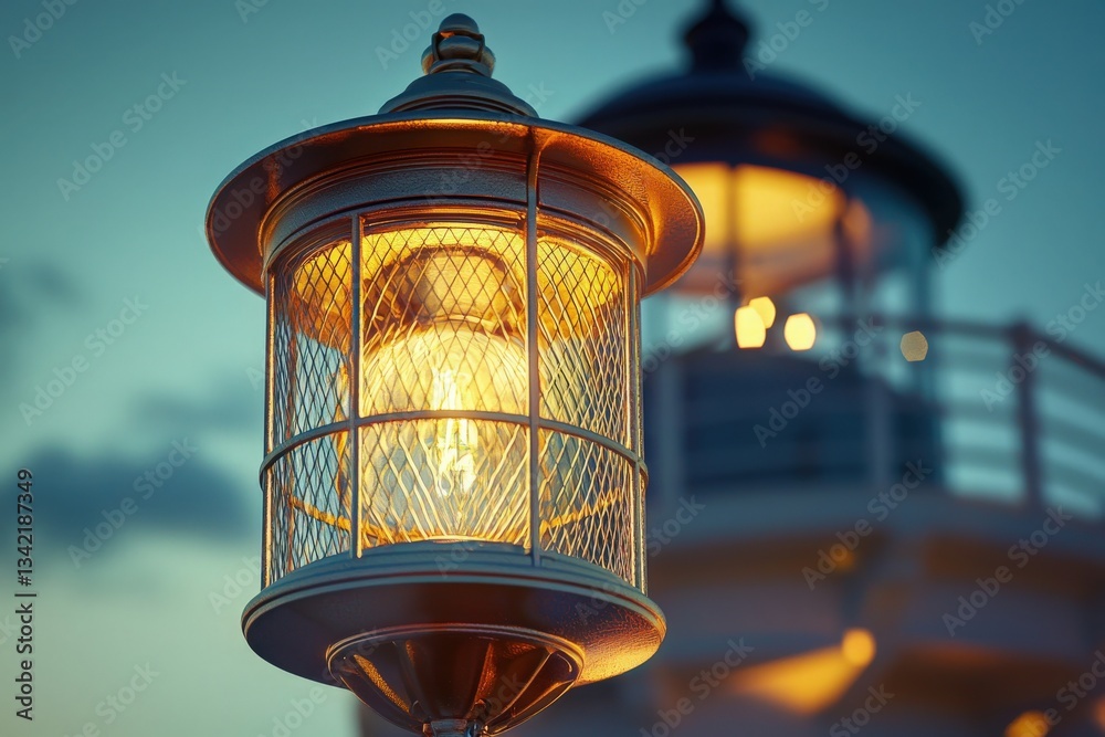 A lantern glows warmly in the foreground, casting light as dusk approaches. In the background, a lighthouse stands tall against the evening sky, enhancing the tranquil coastal atmosphere.