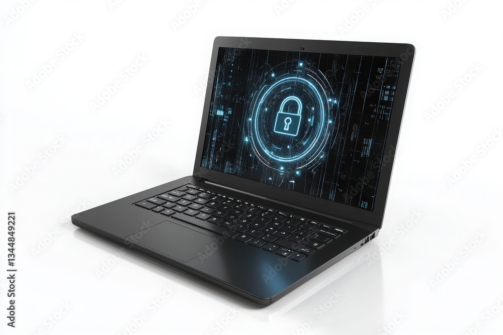 A laptop is open, showcasing a digital lock symbol on the screen against a futuristic background. The sleek design suggests modern technology focused on security and privacy.