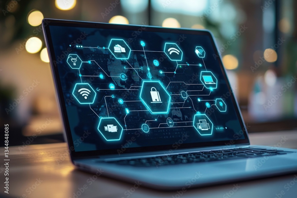 A laptop sits on a wooden table, showcasing graphics that illustrate digital security concepts and interconnected networks.