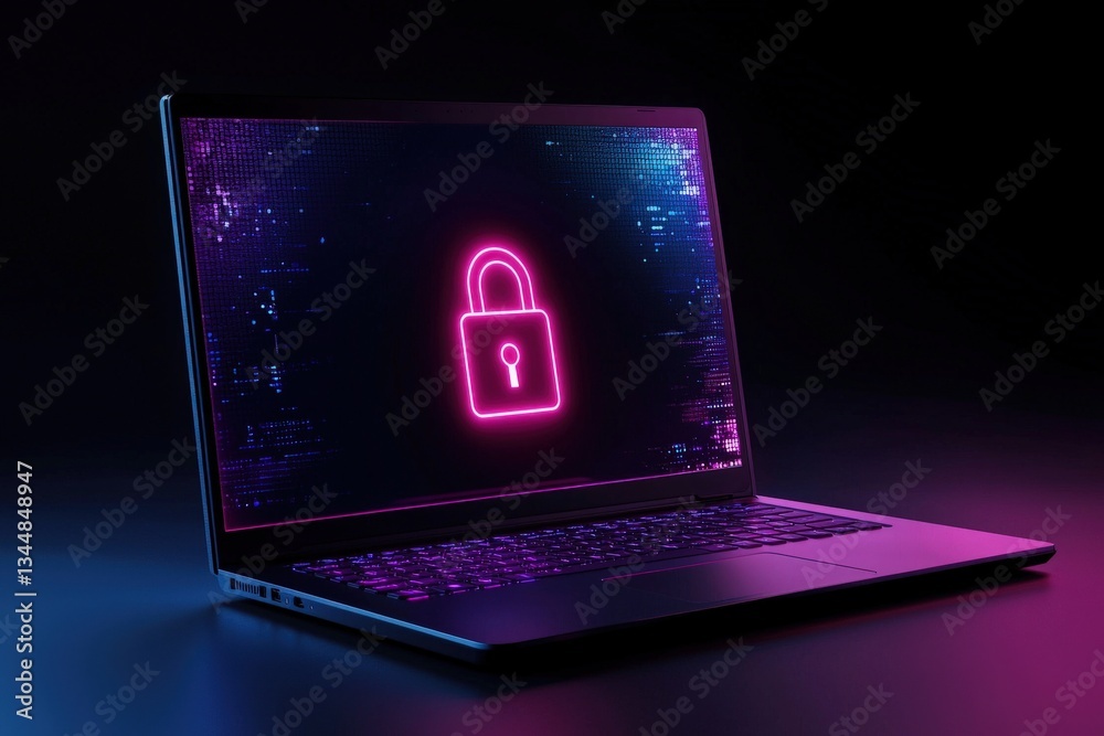 A laptop stands in a dark environment, displaying a vibrant pink lock symbol on its screen, symbolizing digital security and protection of information.