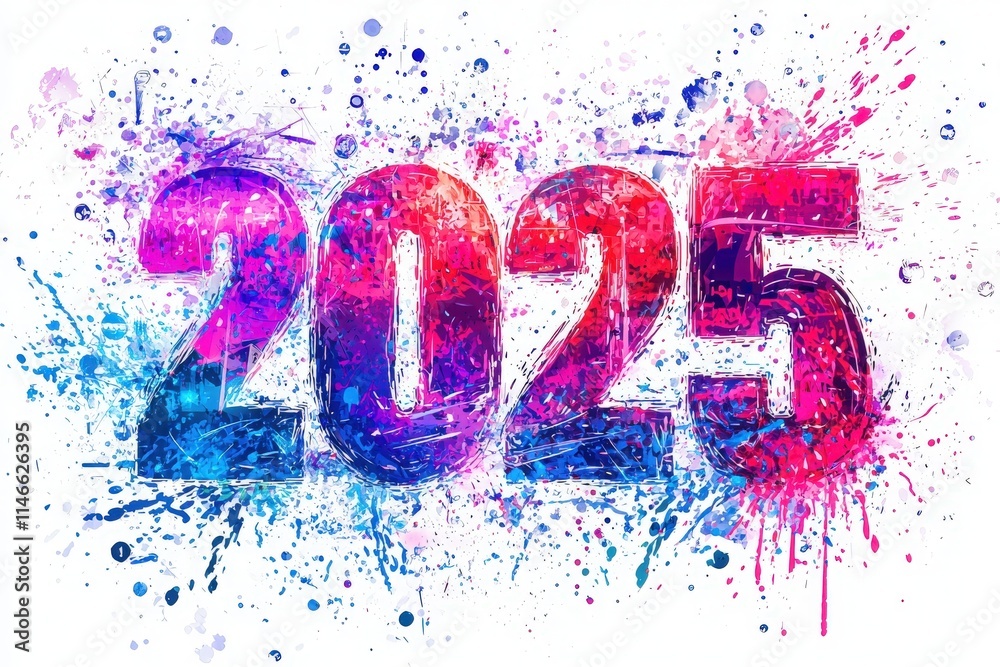A large, artistic depiction of the year 2025 featuring a mix of bright pink, blue, and purple colors. The numbers are surrounded by playful splashes, creating an energetic and festive atmosphere.