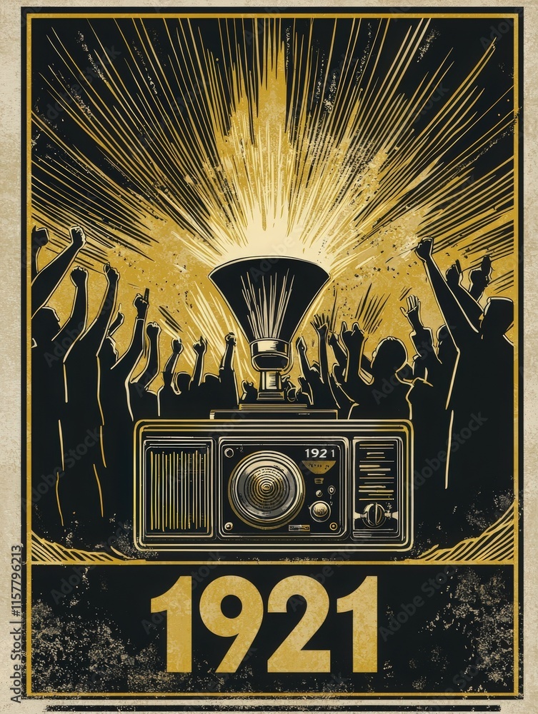A large crowd celebrates the dawn of radio broadcasting in 1921. Hands raised in excitement, the vintage radio at the center symbolizes connection and joy, with sound waves radiating outward.