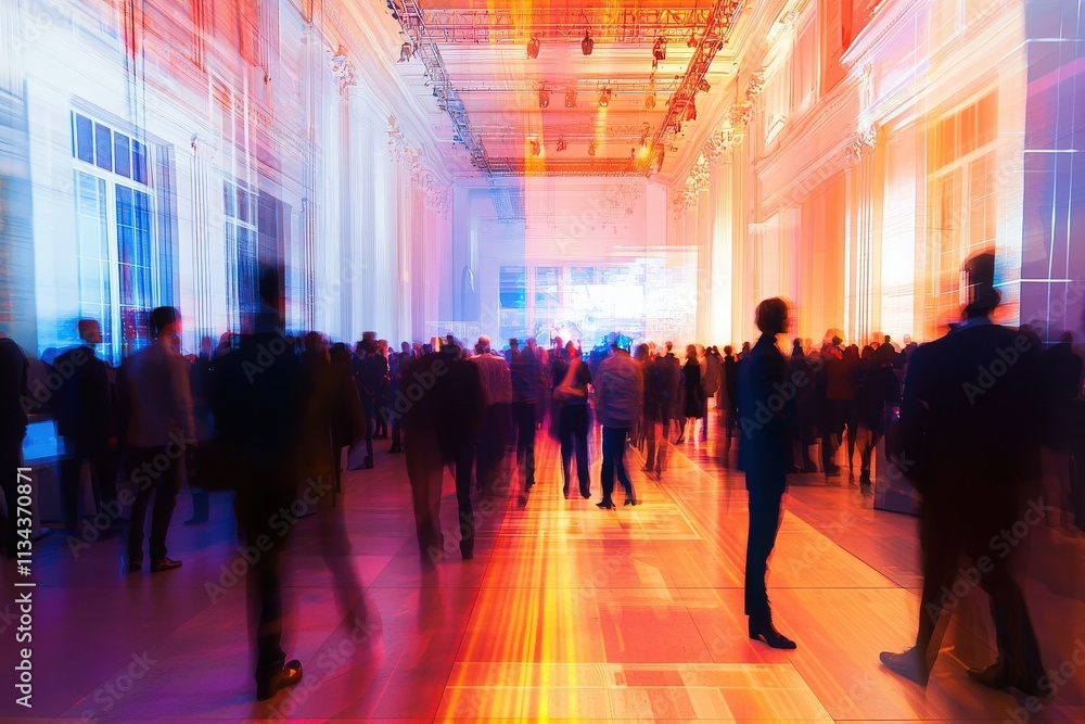 A large crowd fills an elegantly lit venue, with colorful lights casting a dynamic glow on the walls. People move about, engaging in conversation and enjoying the lively atmosphere.