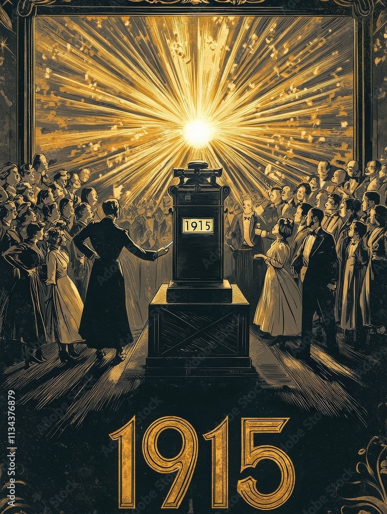 A large crowd gathers around a prominent structure emitting bright light, celebrating a significant event in 1915. Attendees are dressed in period-appropriate attire, enjoying the moment.