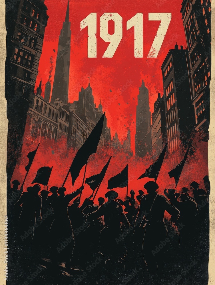 A large crowd gathers in a city, raising flags and banners in an atmosphere charged with revolutionary energy. Skyscrapers loom in the background as red light dominates the scene.