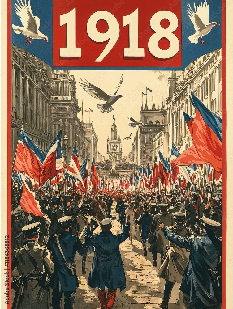 A large crowd marches through a city street, waving flags in a patriotic display. Buildings are adorned with banners, commemorating a significant event from 1918 with an atmosphere of joy and unity.