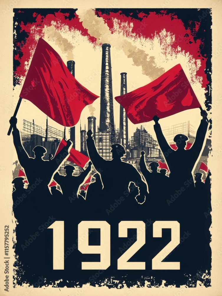 A large group of people enthusiastically wave red flags during a labor movement rally in 1922. Smoke rises from factories in the background, illustrating the industrial setting.