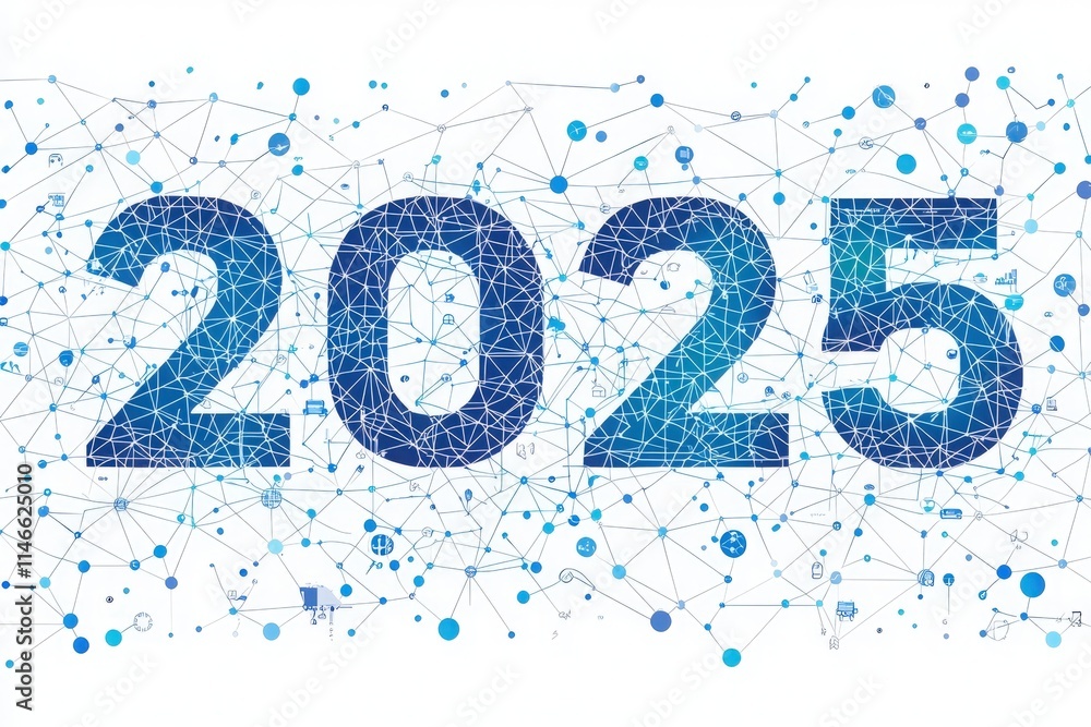 A large, interconnected digital network forms the year 2025, showcasing a blend of technology and futuristic themes. Various nodes and links represent advancements in various fields.