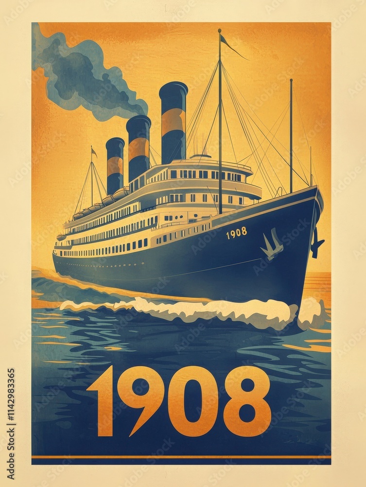 A large ocean liner from 1908 glides through tranquil waters, showcasing its majestic structure and distinct smoke stacks. The warm color palette adds a nostalgic feel to the scene.