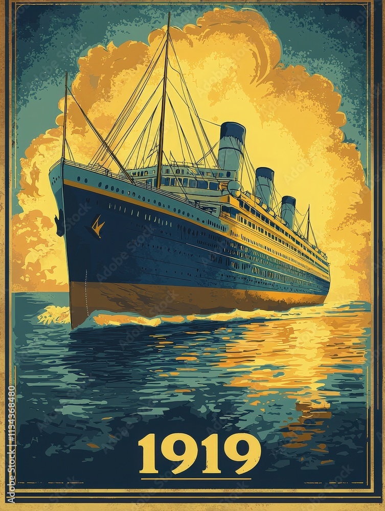 A large ocean liner glides smoothly through tranquil waters, illuminated by a golden glow in the background. This vintage-style ship evokes a sense of adventure and nostalgia for maritime travel.