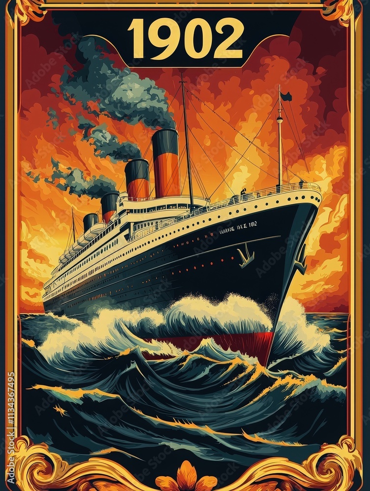 A large ocean liner is depicted navigating turbulent waters, with vibrant clouds of smoke rising from its chimneys against a dramatic sky. The year 1902 is prominently featured.