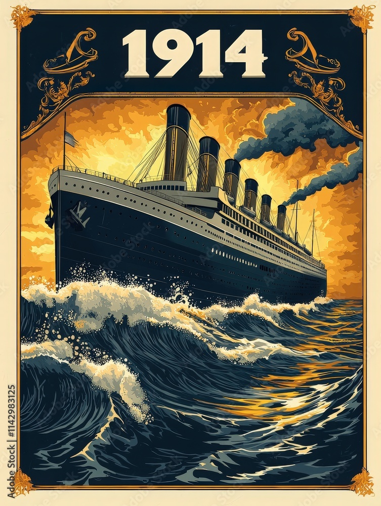 A large ocean liner navigates rough seas under a vibrant sunset sky. The ships smokestacks billow dark smoke as waves crash against its hull, showcasing maritime adventure in 1914.