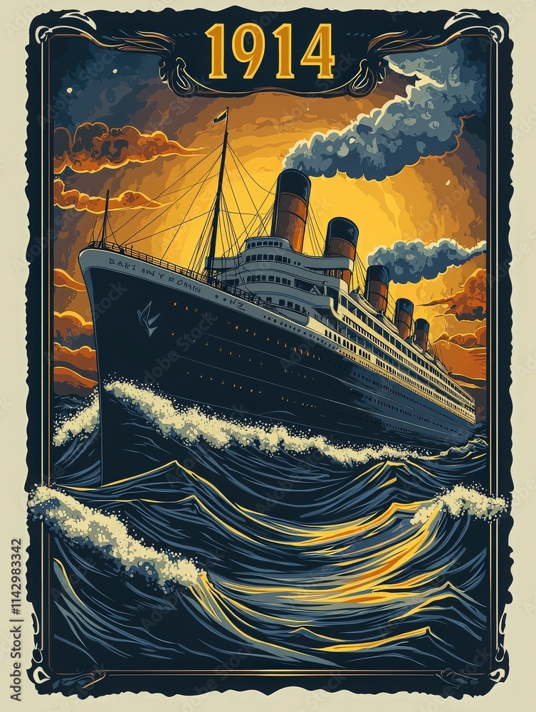 A large ocean liner navigates turbulent seas as thick smoke billows from its chimneys. The setting sun casts an orange glow, highlighting the ships grandeur and power in the year 1914.