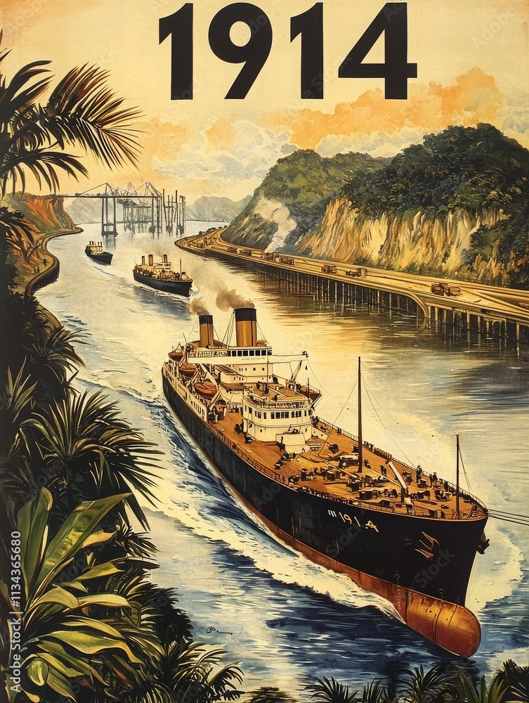 A large ship sails through a river surrounded by lush greenery and rocky cliffs. In the background, another vessel and infrastructure are visible, indicating a busy waterway in 1914.