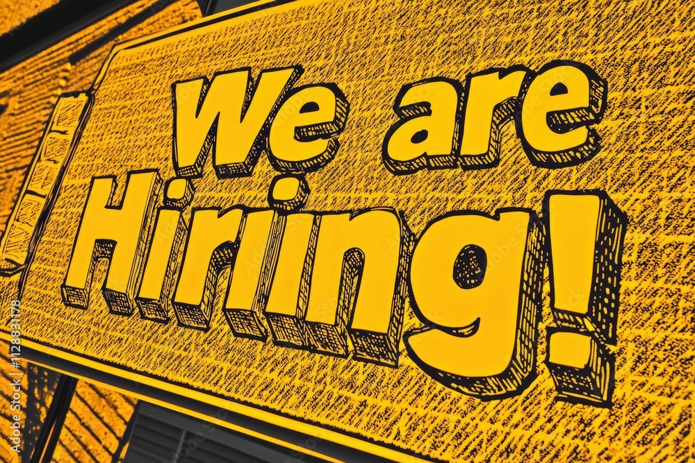 A large, vibrant sign displays a hiring announcement in bold letters. The background is sunny, and it draws attention to the business seeking new employees.