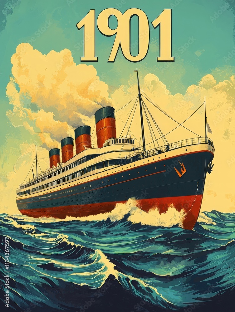 A large vintage ship with four smokestacks navigates through turbulent ocean waves. The year 1901 is prominently displayed, adding to the historical atmosphere.