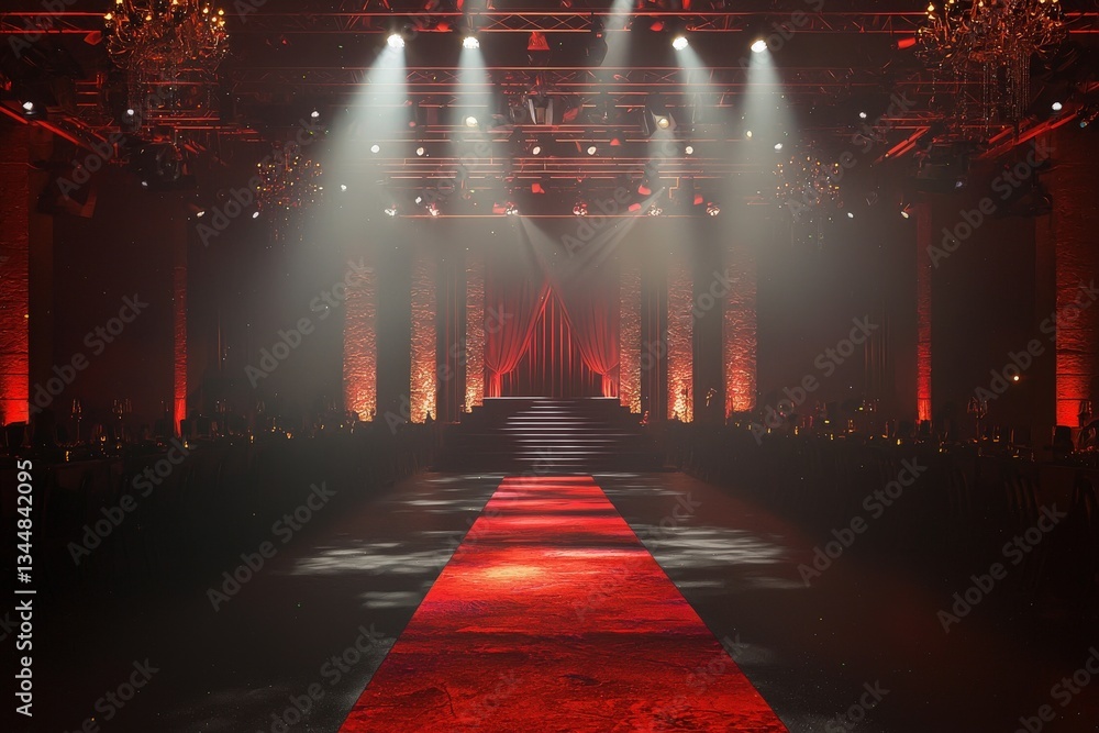 A lavish venue features a grand stage adorned with dramatic lighting and a striking red carpet leading to steps. The ambiance is enhanced by ornate chandeliers and shadows.
