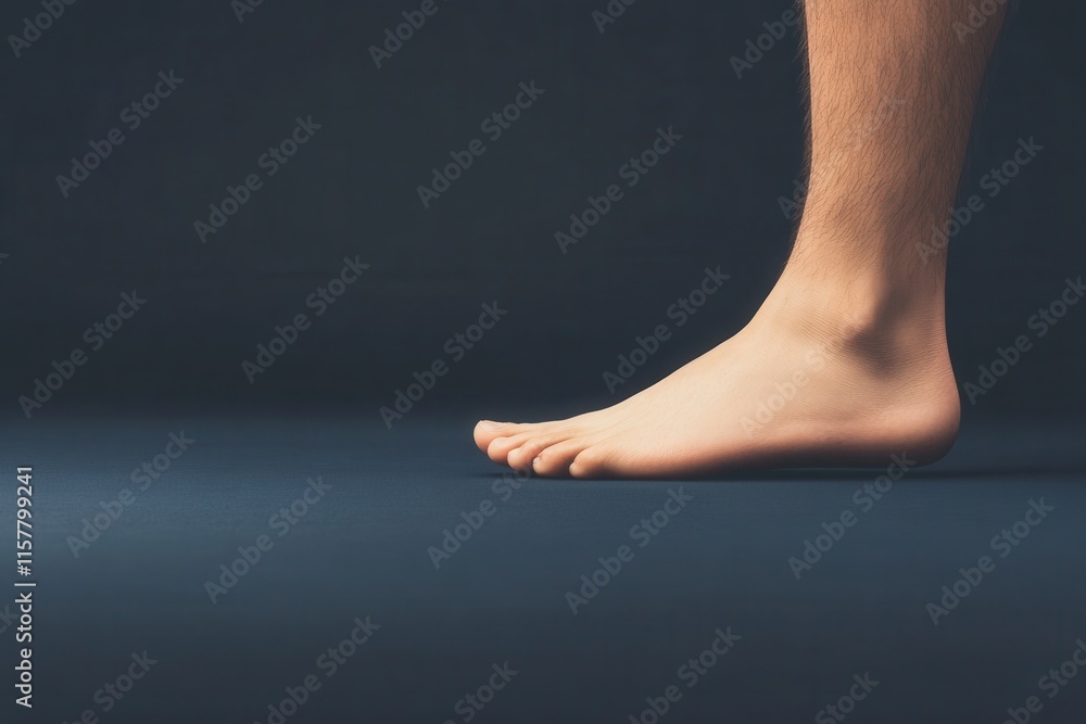 A left foot stands barefoot on a dark surface, highlighting the structure of the toes and ankle. The background is dark, emphasizing the foots natural shape and form.