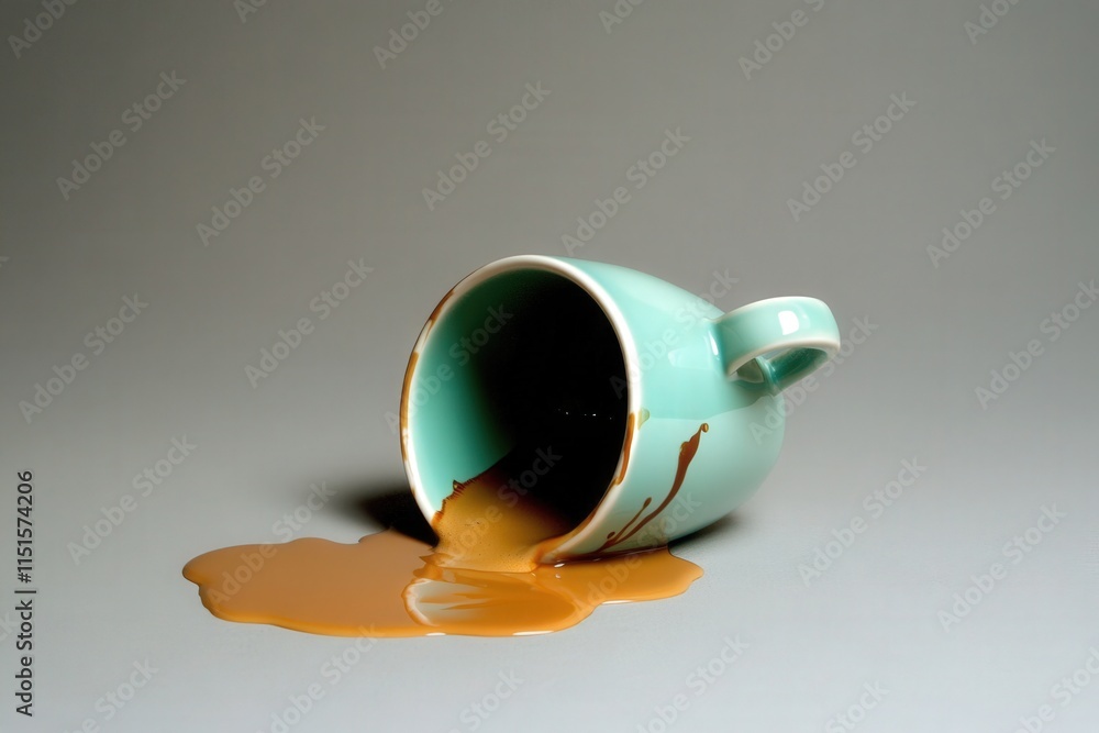 A light blue cup, tipped over, spills coffee onto a smooth gray surface. The brown liquid creates a contrasting puddle around the cup, highlighting the mess.