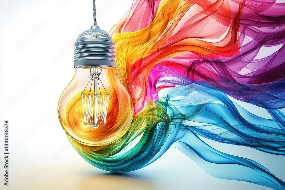 A light bulb hangs in the air, surrounded by swirls of colorful smoke in vibrant hues of orange, pink, green, and blue. The light emanates warmth, enhancing the artistic allure of the scene.