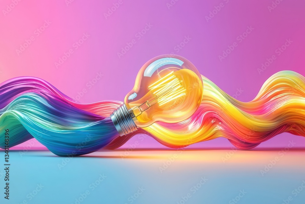 A light bulb lies on a smooth surface, surrounded by flowing waves of vibrant colors. The background features a gradient that transitions from pink to blue, enhancing the lively scene.