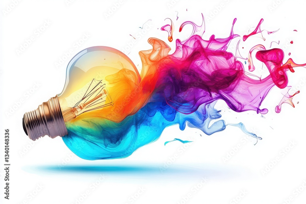 A light bulb merges with vibrant splashes of blue, orange, pink, and purple paint, symbolizing creativity and innovation. The vivid colors are swirling together, creating a lively aesthetic.