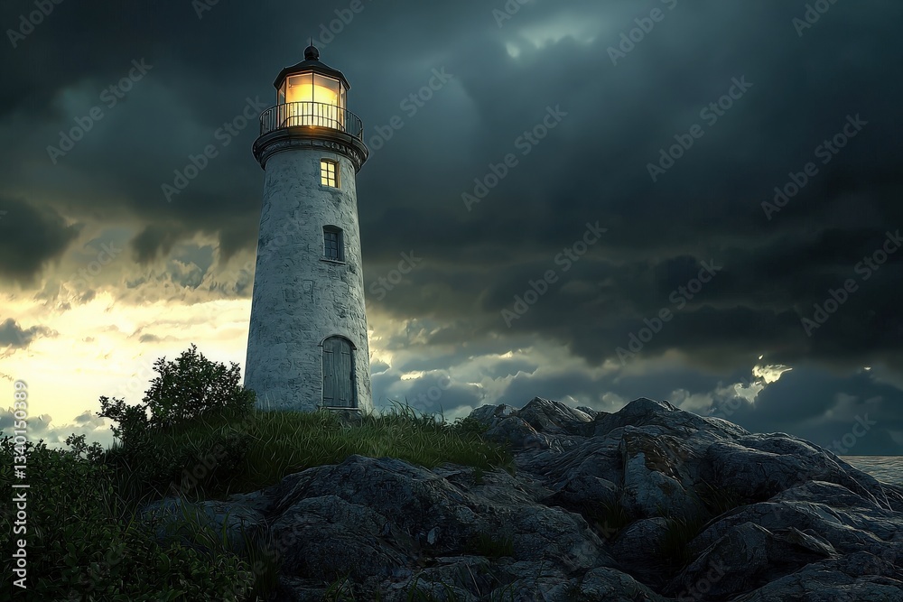 A lighthouse illuminates the darkening sky with its warm light as stormy clouds loom overhead. Rocks and grass surround the base, reflecting the beauty of twilight by the ocean shore.