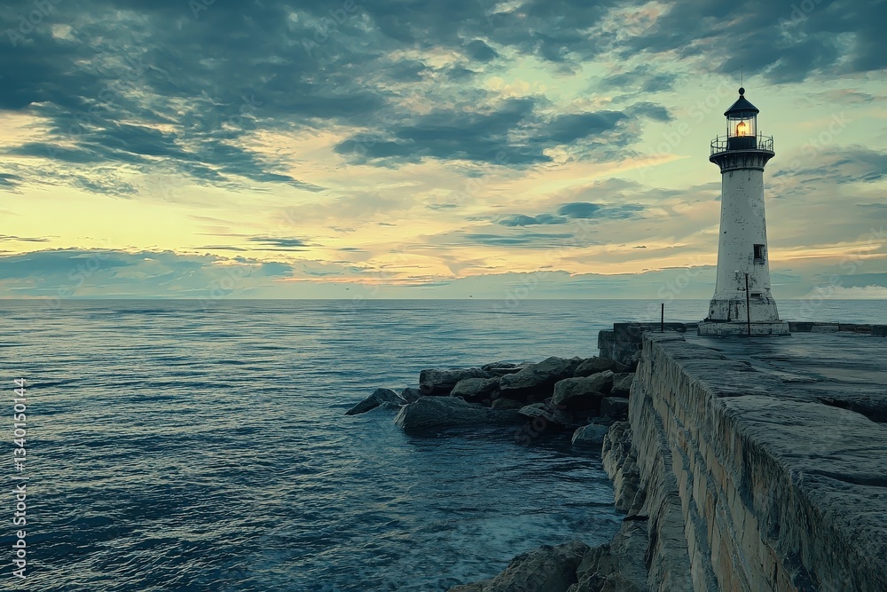 A lighthouse overlooks the tranquil ocean as the sun sets on the horizon. The sky is adorned with clouds, casting soft hues over the water and rocky shoreline, creating a peaceful atmosphere.
