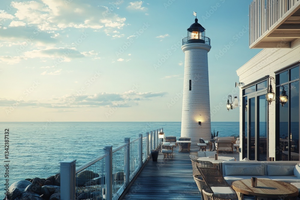 A lighthouse stands tall by the shore during twilight, surrounded by calm waters. A dining area with wooden tables and chairs overlooks the ocean, inviting guests to enjoy the serene atmosphere.