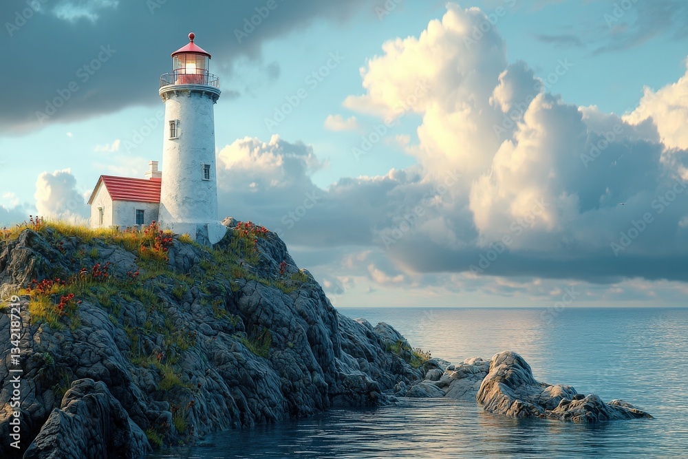 A lighthouse stands tall on a rocky outcrop, surrounded by calm waters reflecting the colorful sky. Fluffy clouds hover above, creating a serene atmosphere during sunset.