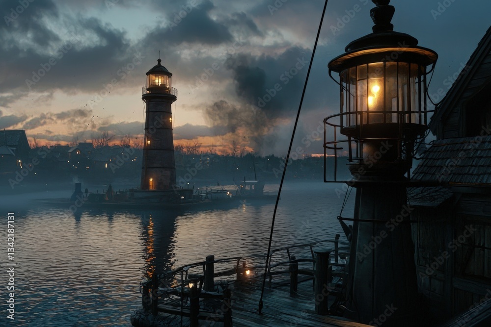 A lighthouse stands tall on the shore as dusk settles, casting a warm glow over the water. Boats navigate the path illuminated by lanterns, creating a serene atmosphere amid the dark clouds.