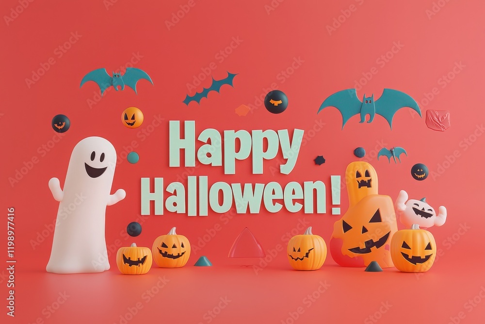 A lively Halloween display features cheerful ghost figures and carved pumpkins against a vibrant background. Bats and spooky elements enhance the festive spirit.