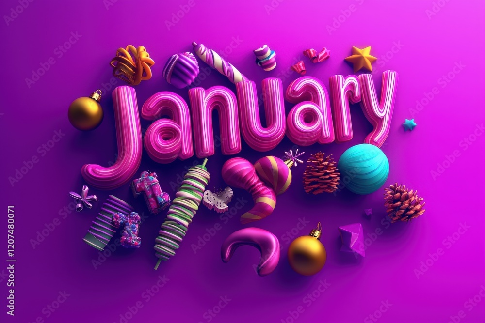 A lively and artistic display showcasing the word January surrounded by festive decorations. The bright colors and playful shapes suggest a sense of celebration and joy during the start of the year.