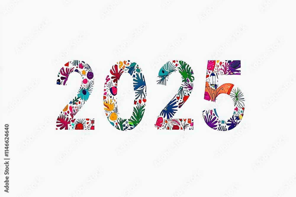 A lively and colorful representation of the year 2025 features intricate floral and plant patterns in vivid hues. The design captures attention with its joyful aesthetic.