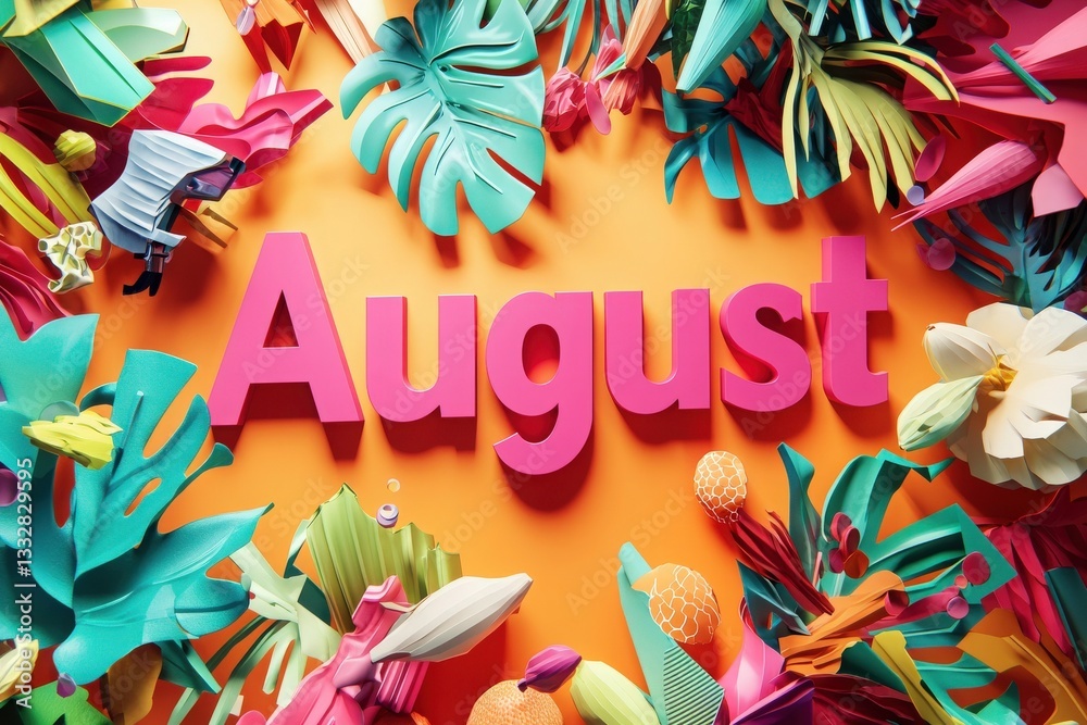 A lively arrangement features the word August surrounded by colorful paper tropical leaves in shades of pink, green, and orange. The display is cheerful and evokes a summer vibe.